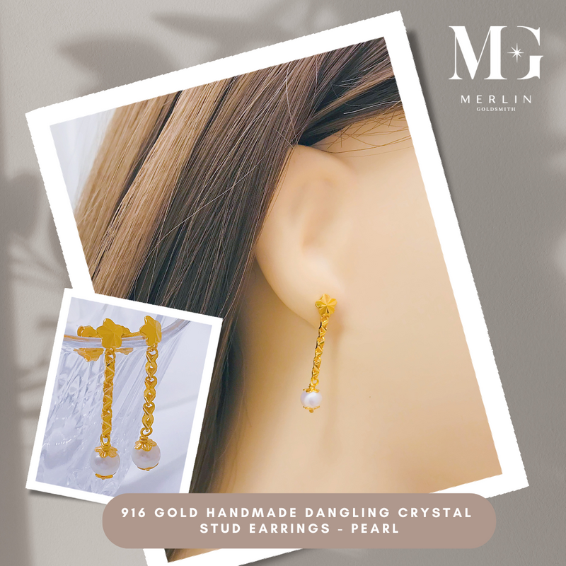 916 Gold Handmade Dangling Crystal Stud Earrings – Pearl