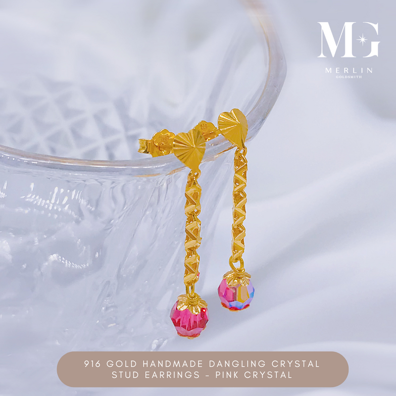 916 Gold Handmade Dangling Crystal Stud Earrings – Pink Crystal
