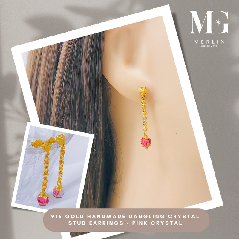 916 Gold Handmade Dangling Crystal Stud Earrings – Pink Crystal