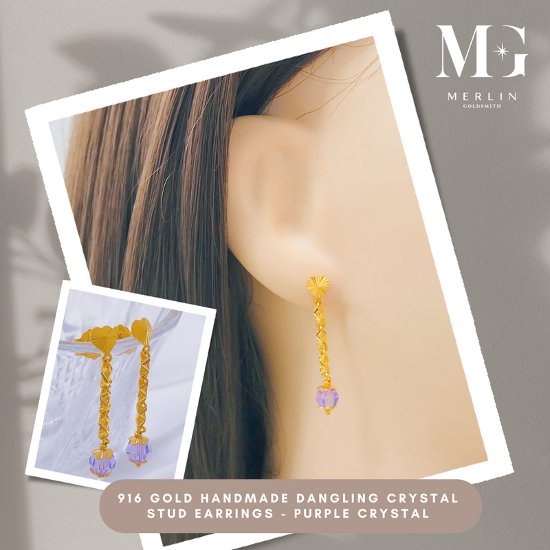 916 Gold Handmade Dangling Crystal Stud Earrings – Purple Crystal