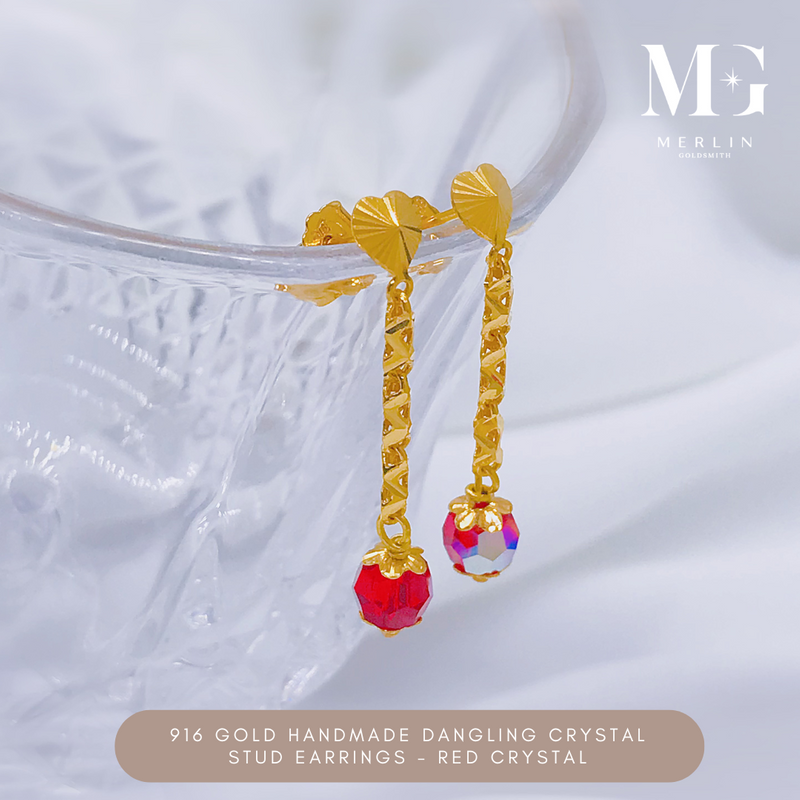 916 Gold Handmade Dangling Crystal Stud Earrings – Red Crystal