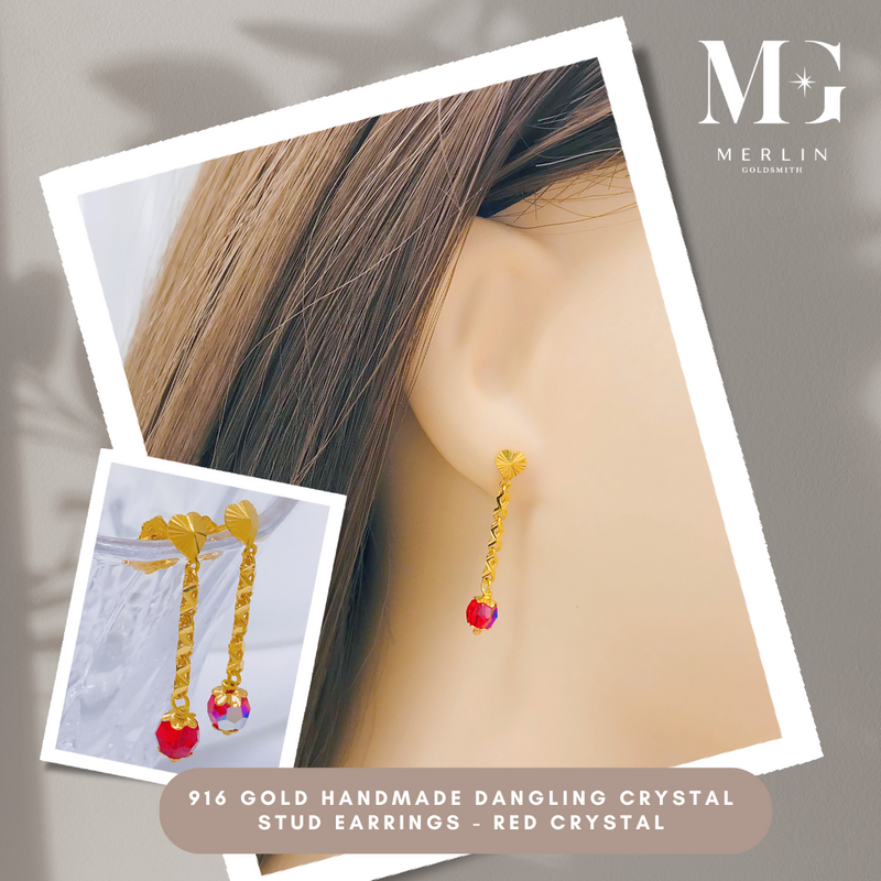 916 Gold Handmade Dangling Crystal Stud Earrings – Red Crystal