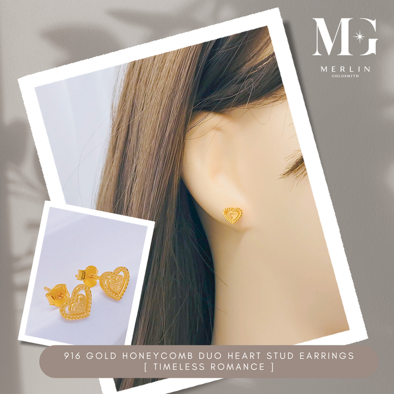 916 Gold Honeycomb Duo Heart Stud Earrings (Timeless Romance)