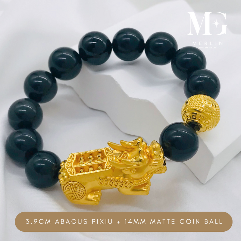 999 Pure Gold 3.9cm Abacus Pixiu Paired With 14mm Prosperous x Matte Coin Ball Bracelet