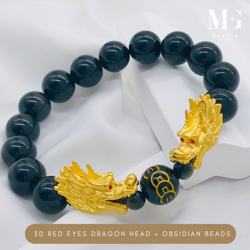 999 Pure Gold 3D Red Eye Dragon Head Paired With 12mm Obsidian Beads Bracelet