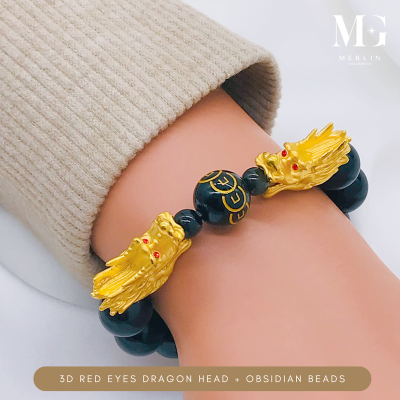 999 Pure Gold 3D Red Eye Dragon Head Paired With 12mm Obsidian Beads Bracelet