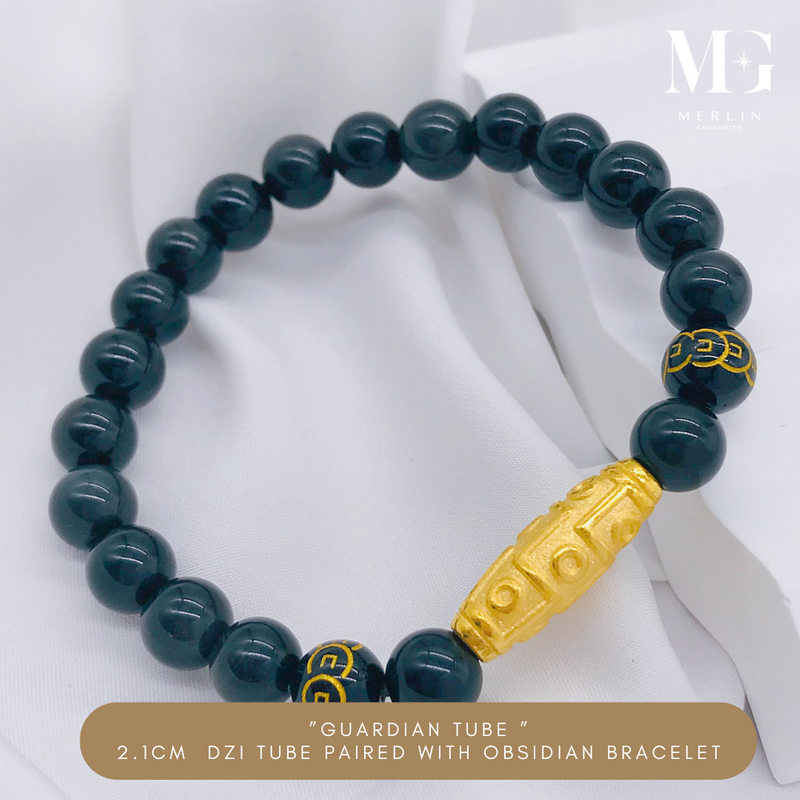999 Pure Gold "Guardian Tube" 2.1cm DZI Tube Paired With 8mm Obsidian Beads Bracelet
