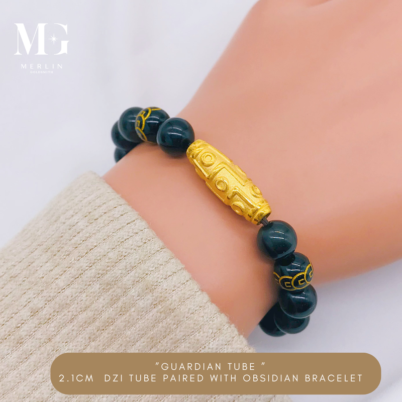999 Pure Gold "Guardian Tube" 2.1cm DZI Tube Paired With 8mm Obsidian Beads Bracelet