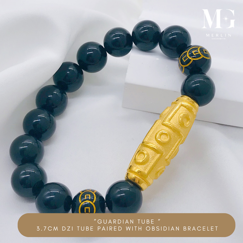 999 Pure Gold "Guardian Tube" 3.7cm DZI Tube Paired With 12mm Obsidian Beads Bracelet
