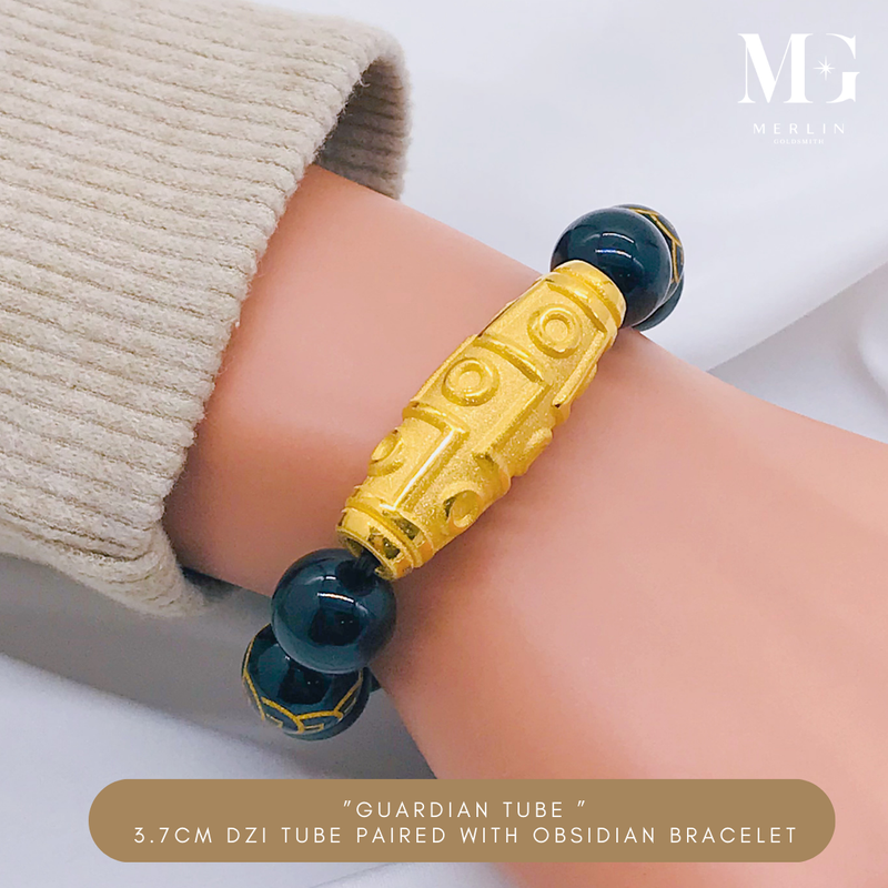 999 Pure Gold "Guardian Tube" 3.7cm DZI Tube Paired With 12mm Obsidian Beads Bracelet