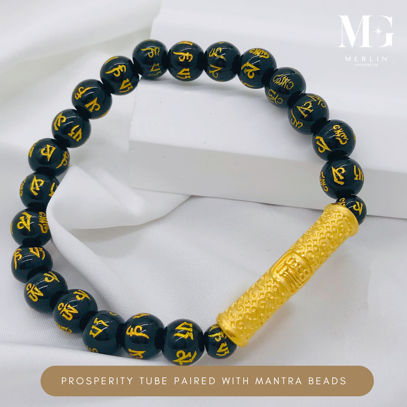 999 Pure Gold Prosperity Tube Paired With 8mm Mantra Beads Bracelet