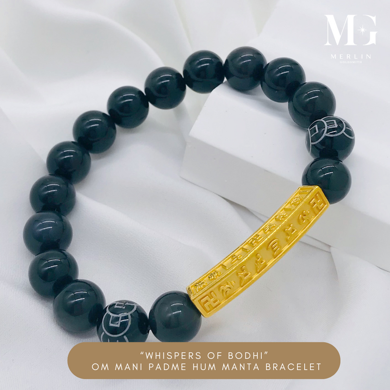 999 Pure Gold "Whispers of Bodhi" Om Mani Padme Hum - Mantra Paired With 10mm Obsidian Beads Bracelet