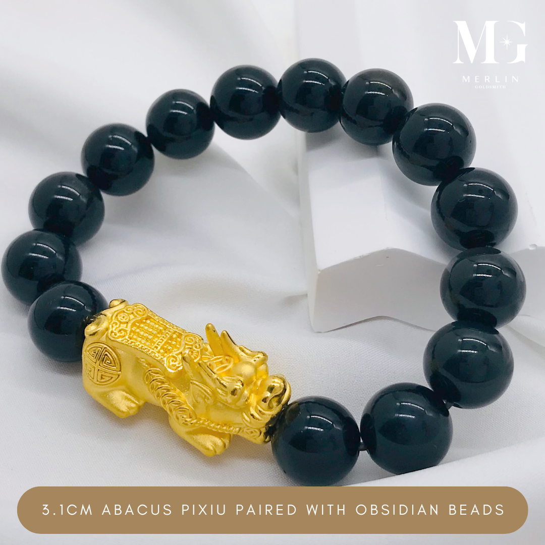 999 Pure Gold 3.1cm Abacus Pixiu Paired With 12mm Obsidian Beads Bracelet