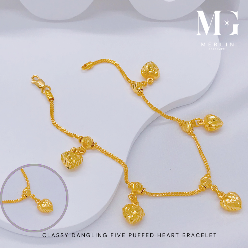 916 Gold Classy Dangling Five Puffed Heart Bracelet 916 Gold Classy Dangling Five Puffed Heart Bracelet