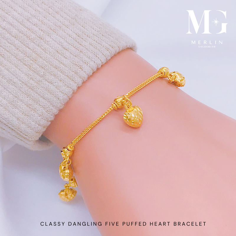 916 Gold Classy Dangling Five Puffed Heart Bracelet 916 Gold Classy Dangling Five Puffed Heart Bracelet