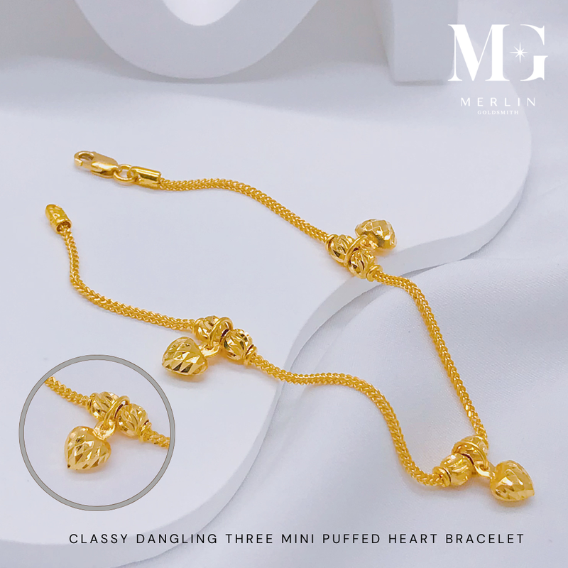 916 Gold Classy Dangling Three Mini Puffed Heart Bracelet 916 Gold Classy Dangling Three Mini Puffed Heart Bracelet