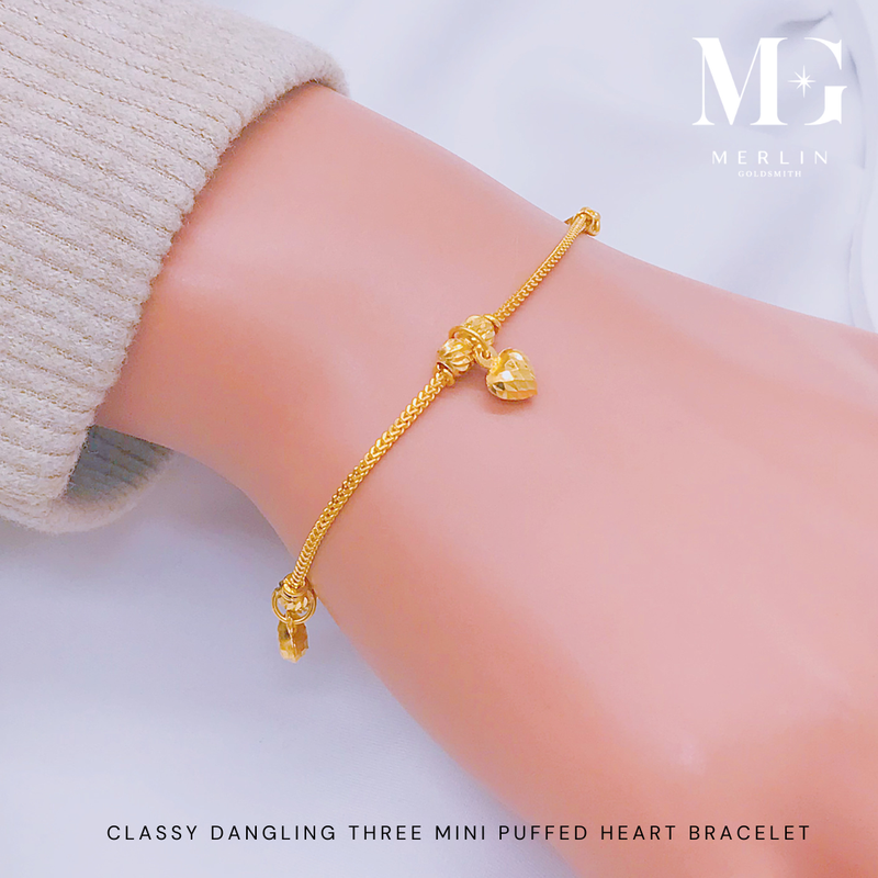 916 Gold Classy Dangling Three Mini Puffed Heart Bracelet 916 Gold Classy Dangling Three Mini Puffed Heart Bracelet