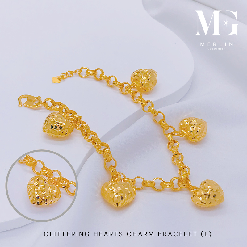 916 Gold Glittering Hearts Charm Bracelet (Large) 916 Gold Glittering Hearts Charm Bracelet (Large)