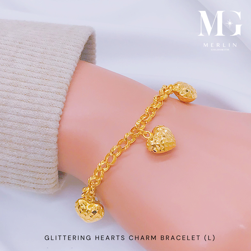 916 Gold Glittering Hearts Charm Bracelet (Large) 916 Gold Glittering Hearts Charm Bracelet (Large)