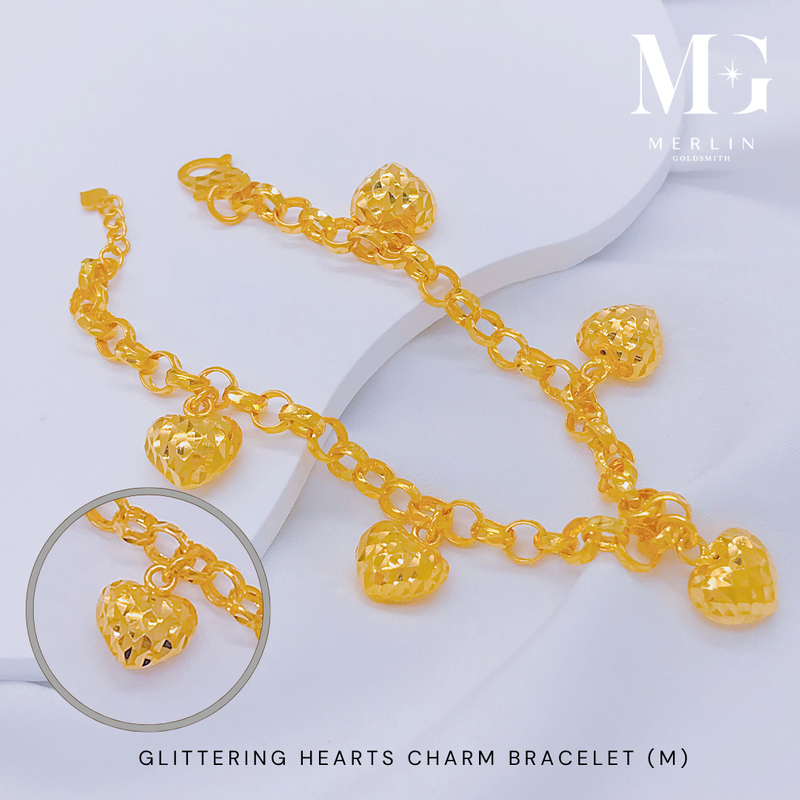 916 Gold Glittering Hearts Charm Bracelet (Medium) 916 Gold Glittering Hearts Charm Bracelet (Medium)