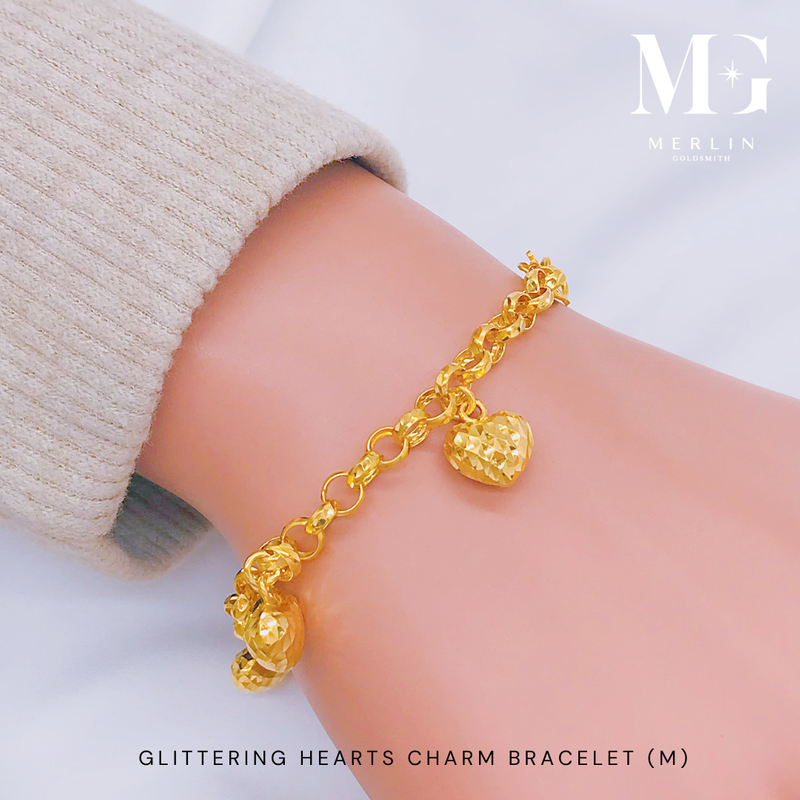 916 Gold Glittering Hearts Charm Bracelet (Medium) 916 Gold Glittering Hearts Charm Bracelet (Medium)