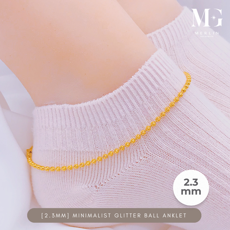 916 Gold Minimalist (2.3mm) Glitter Ball with Dangling Heart Fan Anklet 916 Gold Minimalist (2.3mm) Glitter Ball with Dangling Heart Fan Anklet