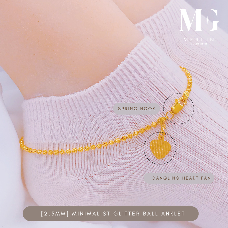 916 Gold Minimalist (2.3mm) Glitter Ball with Dangling Heart Fan Anklet