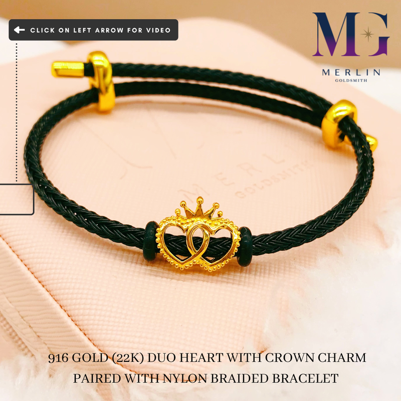 916 Gold Duo Heart with Crown Charm Paired w Nylon Braided Bracelet