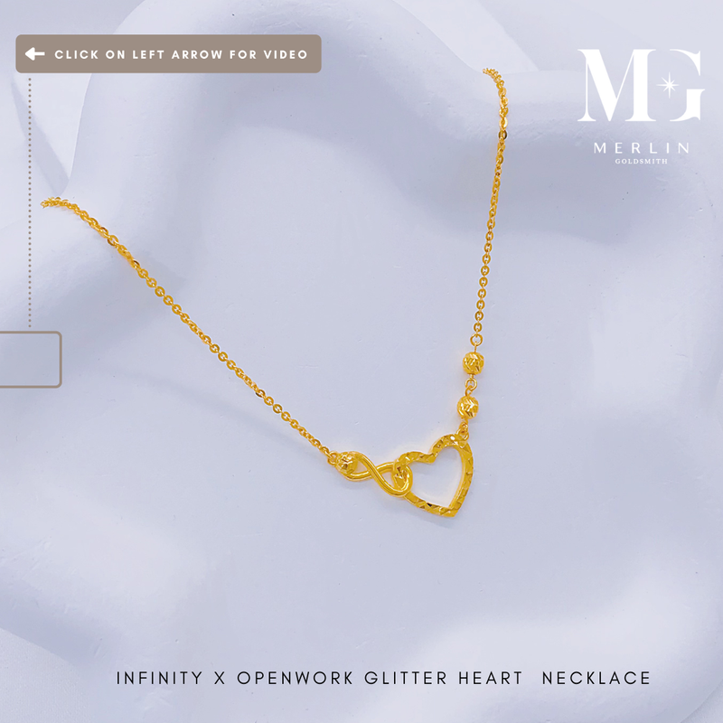916 Gold Infinity x Openwork Glitter Heart Necklace
