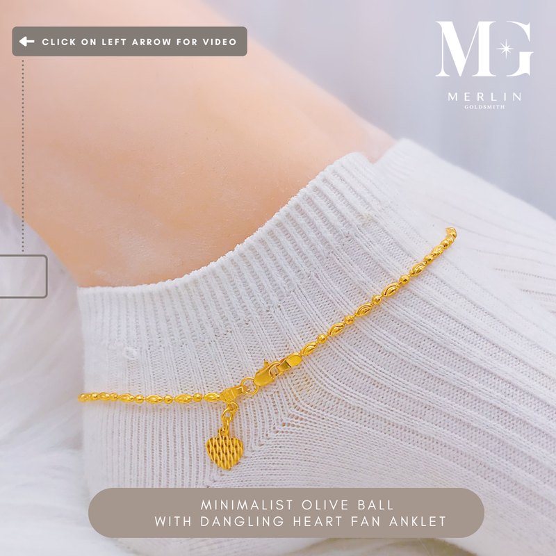 916 Gold Minimalist Olive Ball with Dangling Heart Fan Anklet