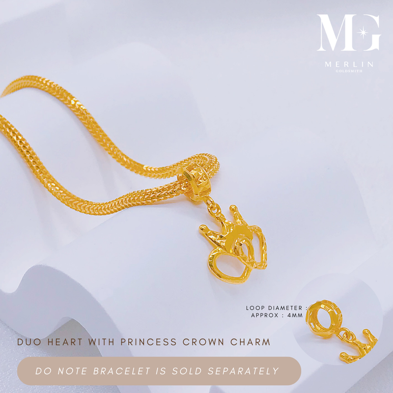 916 Gold Duo Heart with Princess Crown Charm / Pendant