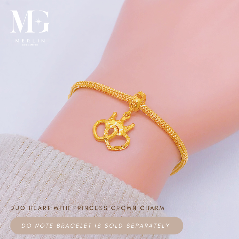 916 Gold Duo Heart with Princess Crown Charm / Pendant