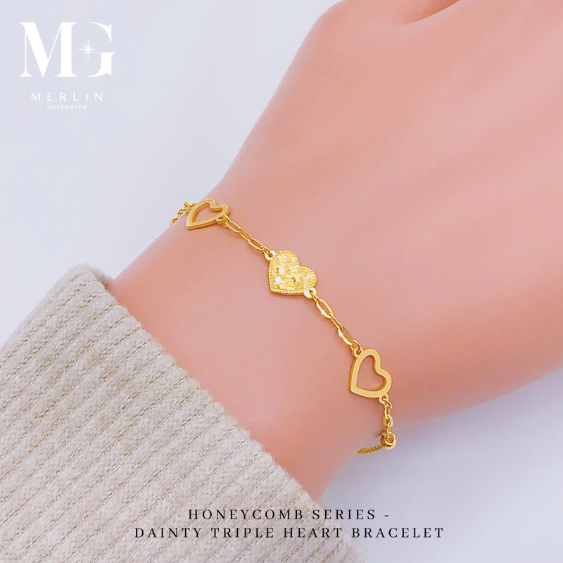 916 Gold Honeycomb Series - Dainty Triple Heart Bracelet