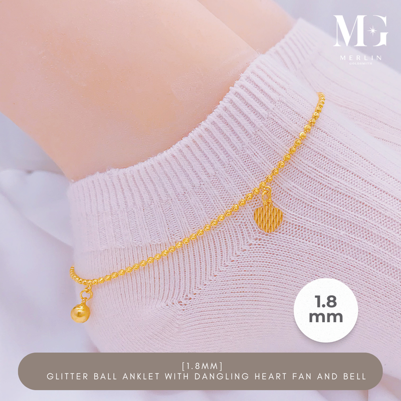 916 Gold (1.8mm) Glitter Ball Anklet With Dangling Heart Fan and Bell