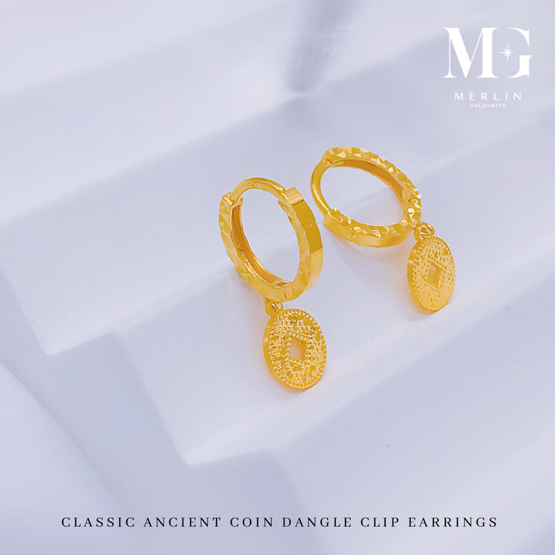 916 Gold Classic Ancient Coin Dangle Clip Earrings