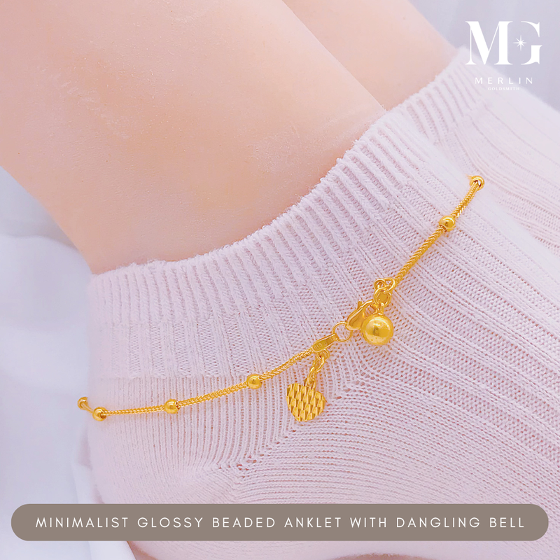 916 Gold Minimalist Glossy Beaded Anklet with Dangling Bell