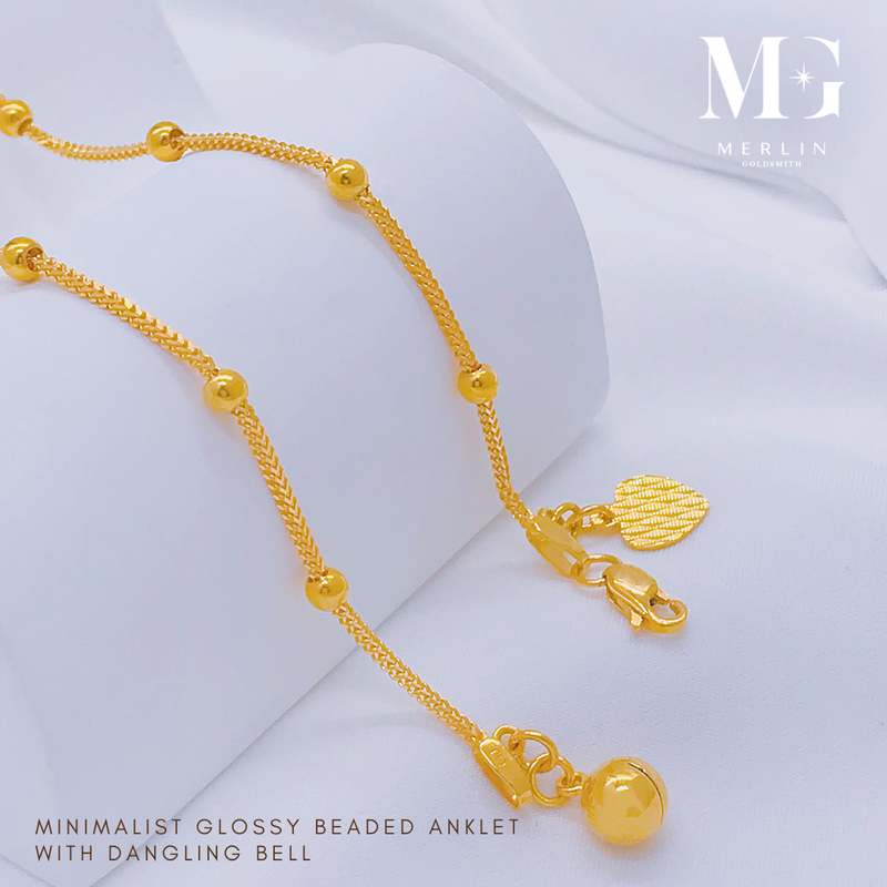 916 Gold Minimalist Glossy Beaded Anklet with Dangling Bell