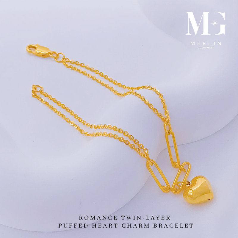 916 Gold Romance Twin Layer Puffed Heart Charm Bracelet