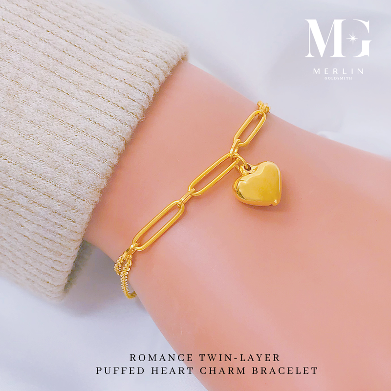 916 Gold Romance Twin Layer Puffed Heart Charm Bracelet