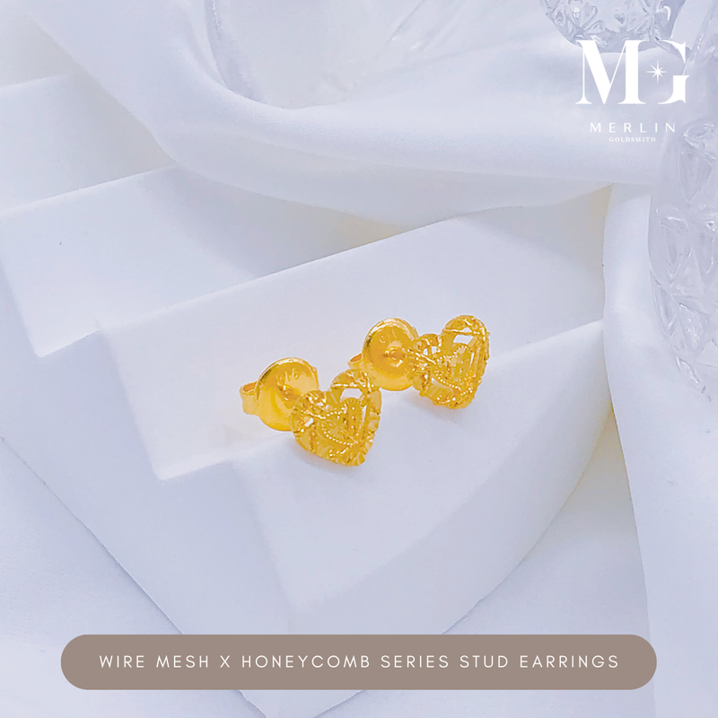 916 Gold Wire Mesh x Honeycomb Series Stud Earrings