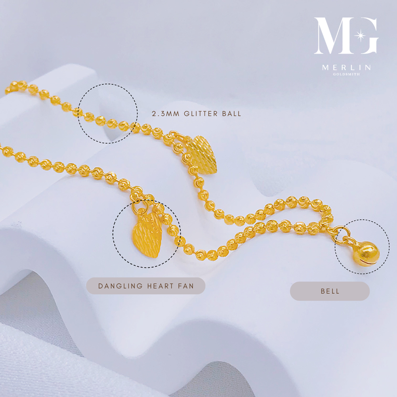 916 Gold (2.3mm) Minimalist Glitter Ball Anklet with Dangling Heart Fan & Bell