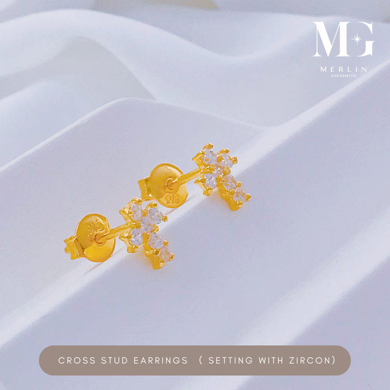 916 Gold Cross Stud Earrings Setting With Zircon