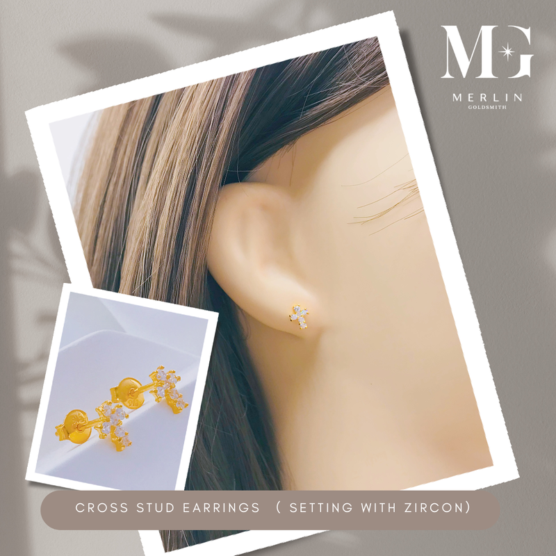 916 Gold Cross Stud Earrings Setting With Zircon