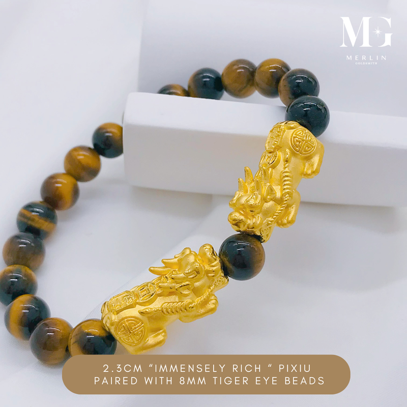 999 Pure Gold 2.3cm "Immensely Rich" Pixiu Paired With 8mm Tiger Eye Beads Bracelet