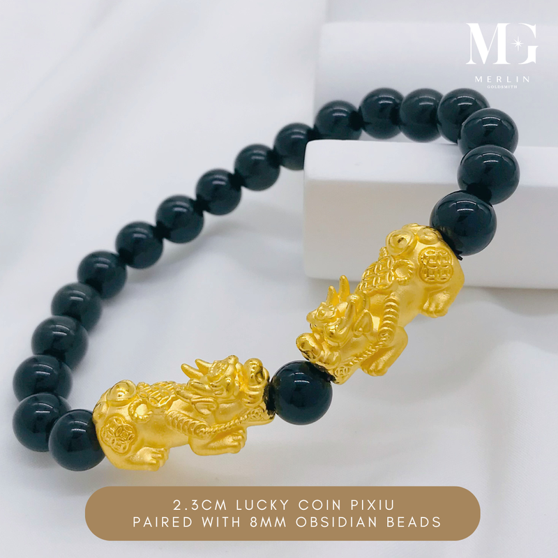 999 Pure Gold 2.3cm Lucky Coin Pixiu Paired With 8mm Obsidian Beads Bracelet