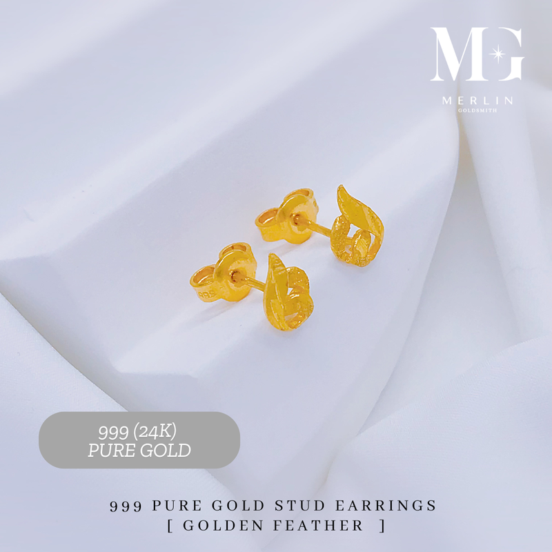 999 Pure Gold Stud Earrings (Golden Feather)