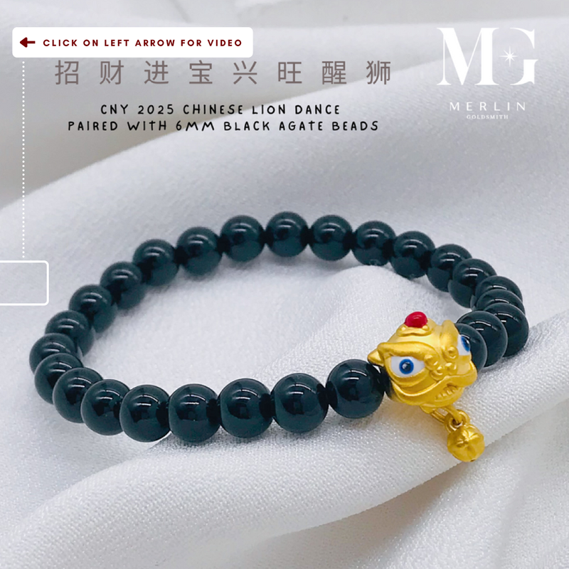 999 24k Pure Gold CNY 2025 Series - Chinese Lion Dance Paired With 6mm Black Agate Beads Bracelet