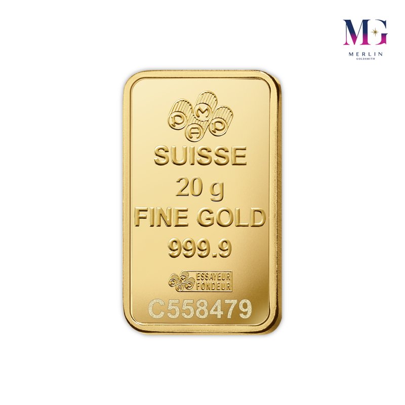 PAMP Gold Bar 20g Fine Gold 999.9 minted bullion bar with official Suisse refinery markings and serial number.