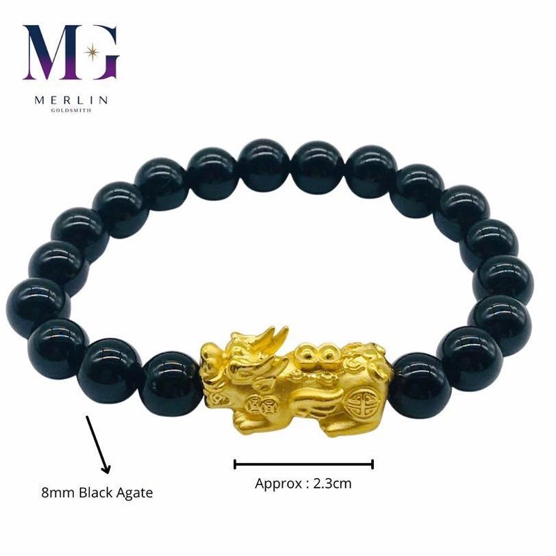999 Pure Gold Double Ingot Pixiu Paired with 8mm Black Agate Bracelet