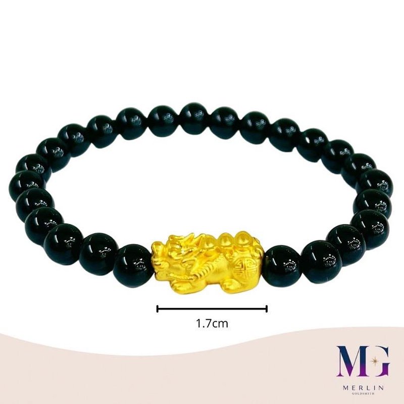 999 Pure Gold Three Ingot Pixiu Paired with 6mm Black Agate Bracelet 